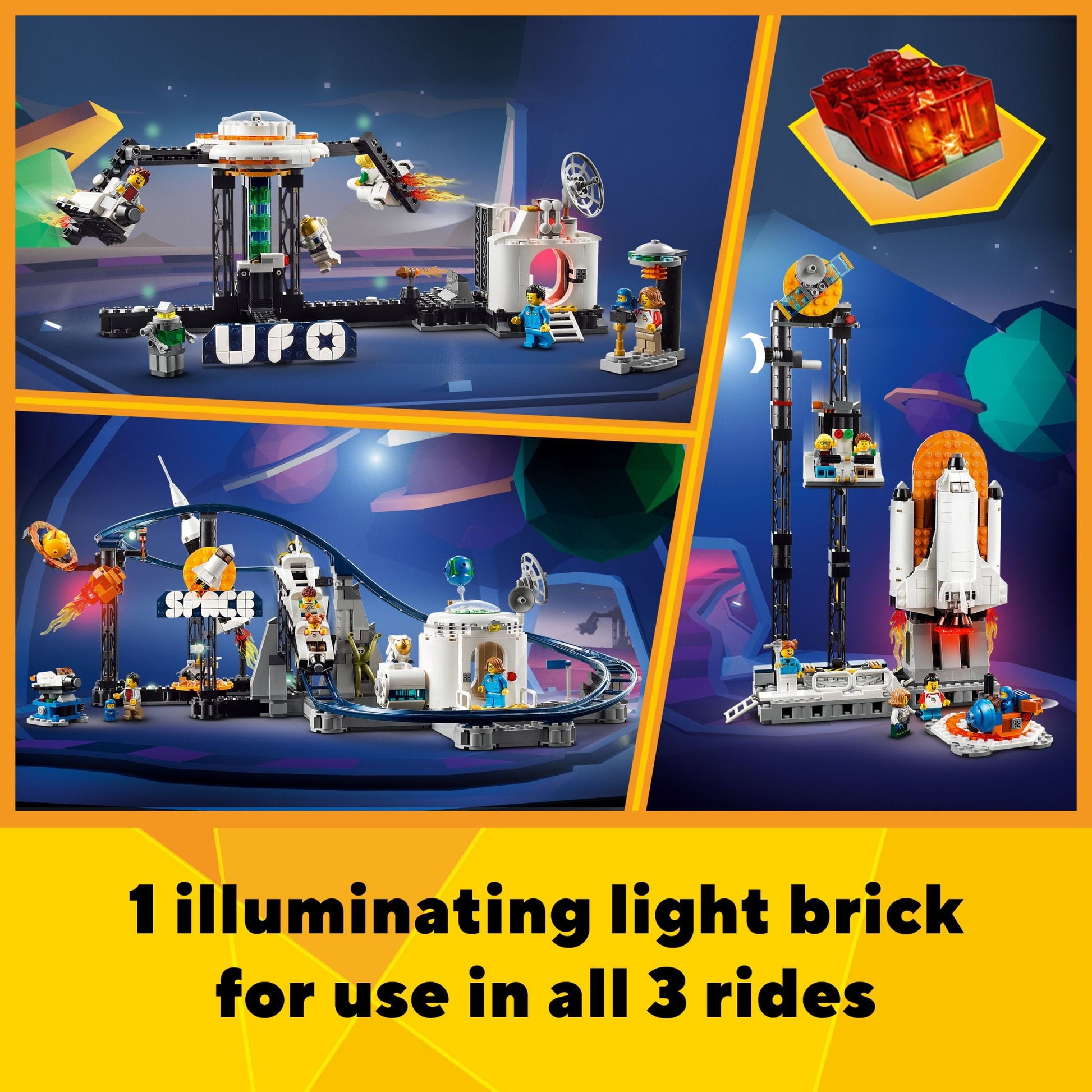 LEGO Creator 3 in 1 Space Roller Coaster, Rebuildable Amusement Park, Build as a Winding Roller Coaster or Drop Tower or Spinning Carousel, with 5 Minifigures, Building Toy Set for Kids Ages 9+, 31142