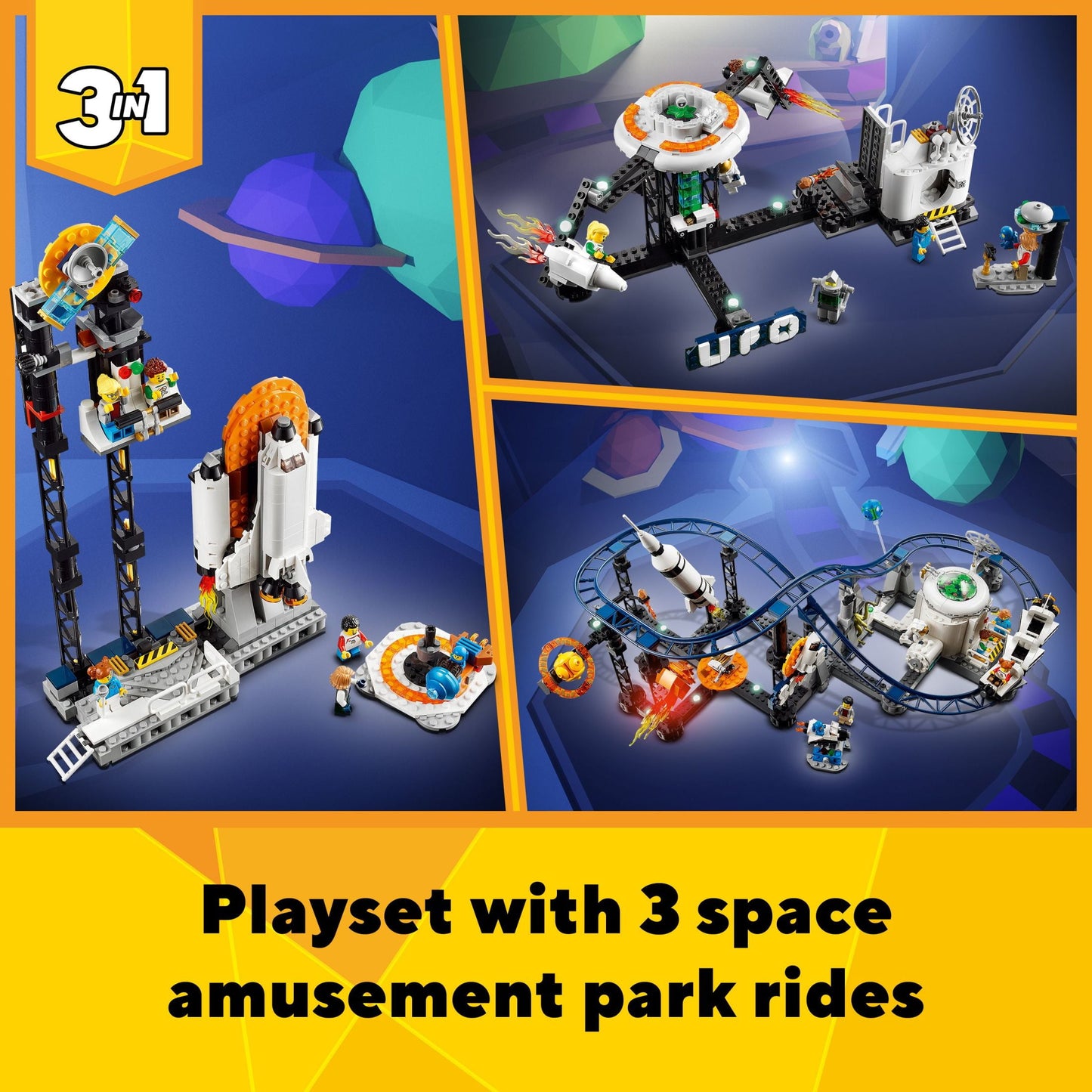 LEGO Creator 3 in 1 Space Roller Coaster, Rebuildable Amusement Park, Build as a Winding Roller Coaster or Drop Tower or Spinning Carousel, with 5 Minifigures, Building Toy Set for Kids Ages 9+, 31142