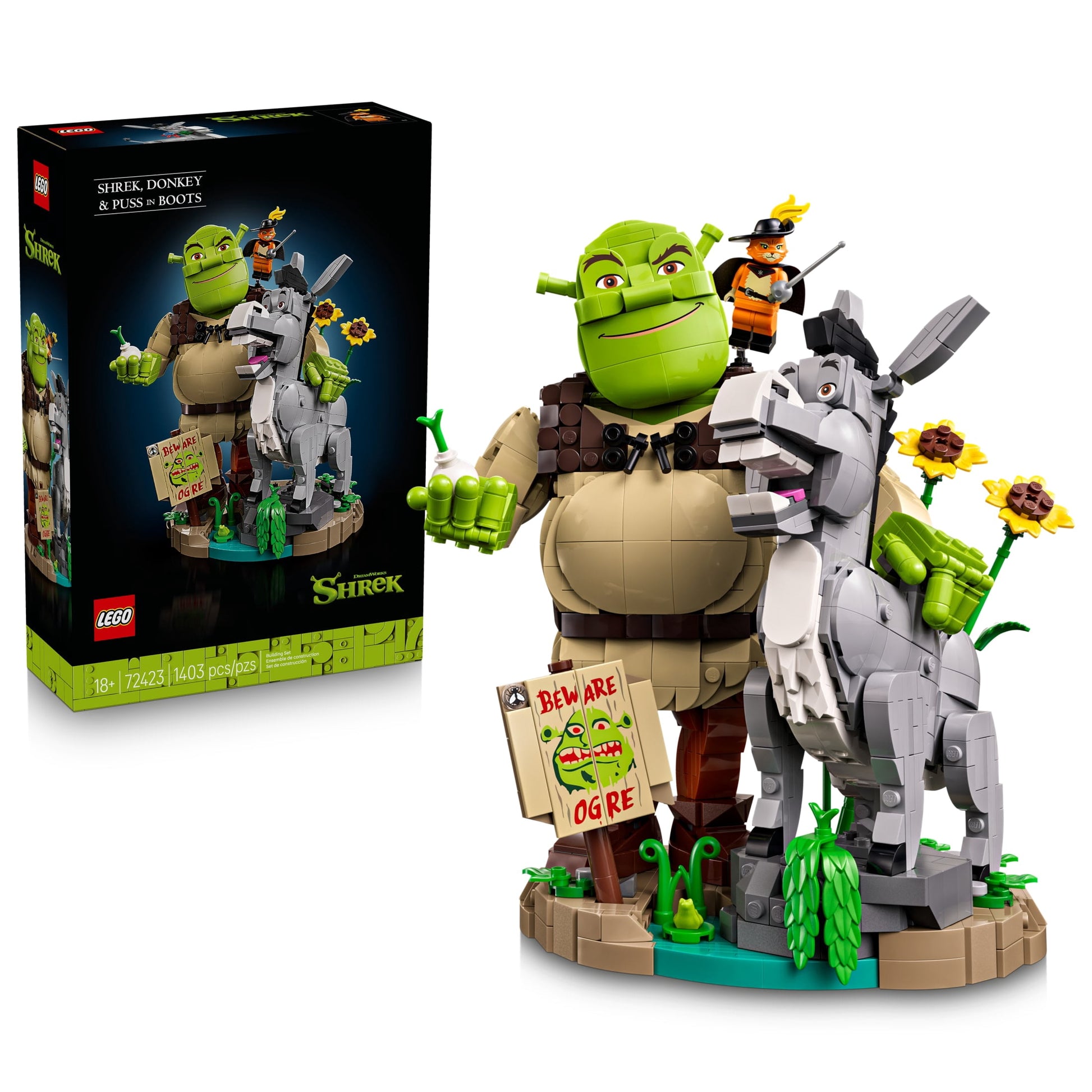LEGO Shrek: Shrek, Donkey & Puss in Boots - Building Set for Adults, Ages 18+ - Father's Day Gift Idea - Movie Memorabilia for Home Office, Book Shelf Decor - Movie Gift for Women & Men - 72423