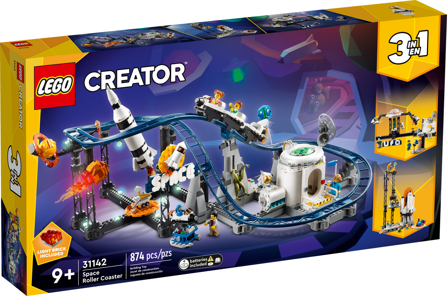 LEGO Creator 3 in 1 Space Roller Coaster, Rebuildable Amusement Park, Build as a Winding Roller Coaster or Drop Tower or Spinning Carousel, with 5 Minifigures, Building Toy Set for Kids Ages 9+, 31142