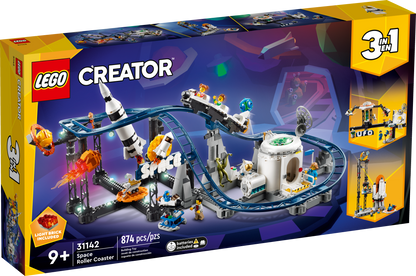 LEGO Creator 3 in 1 Space Roller Coaster, Rebuildable Amusement Park, Build as a Winding Roller Coaster or Drop Tower or Spinning Carousel, with 5 Minifigures, Building Toy Set for Kids Ages 9+, 31142